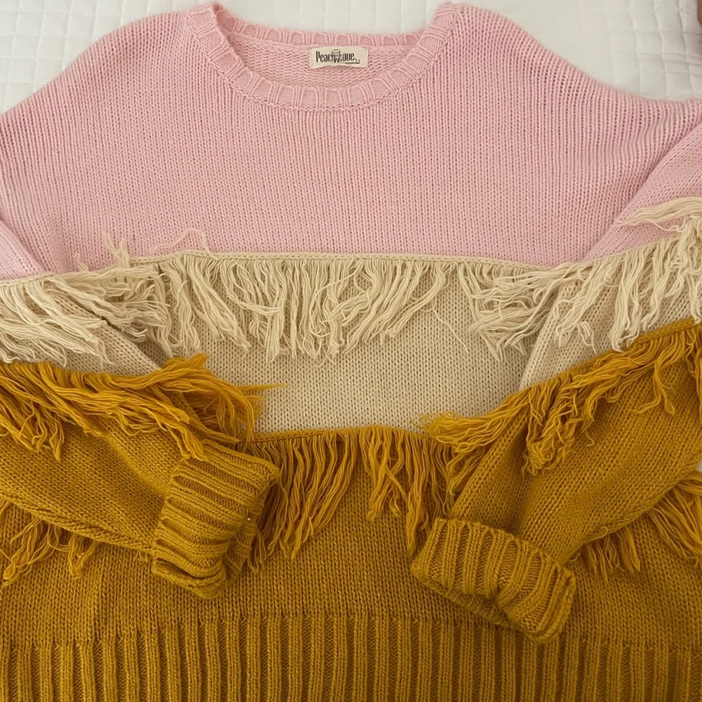 Peach Love California Colorblock Fringe Sweater